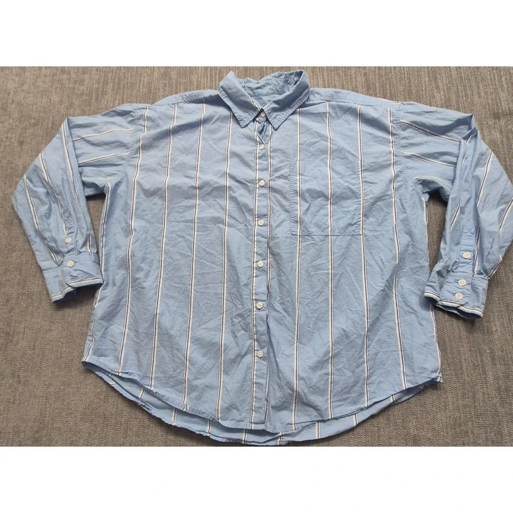 American Eagle men's blue striped button up long sleeves shirt LG Cotton pockets